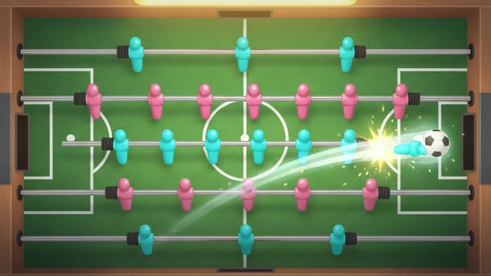 A foosball table seen from above, cyan and rose figures on chrome rods, a white ball mid-kick with a motion trail streaking toward the goal